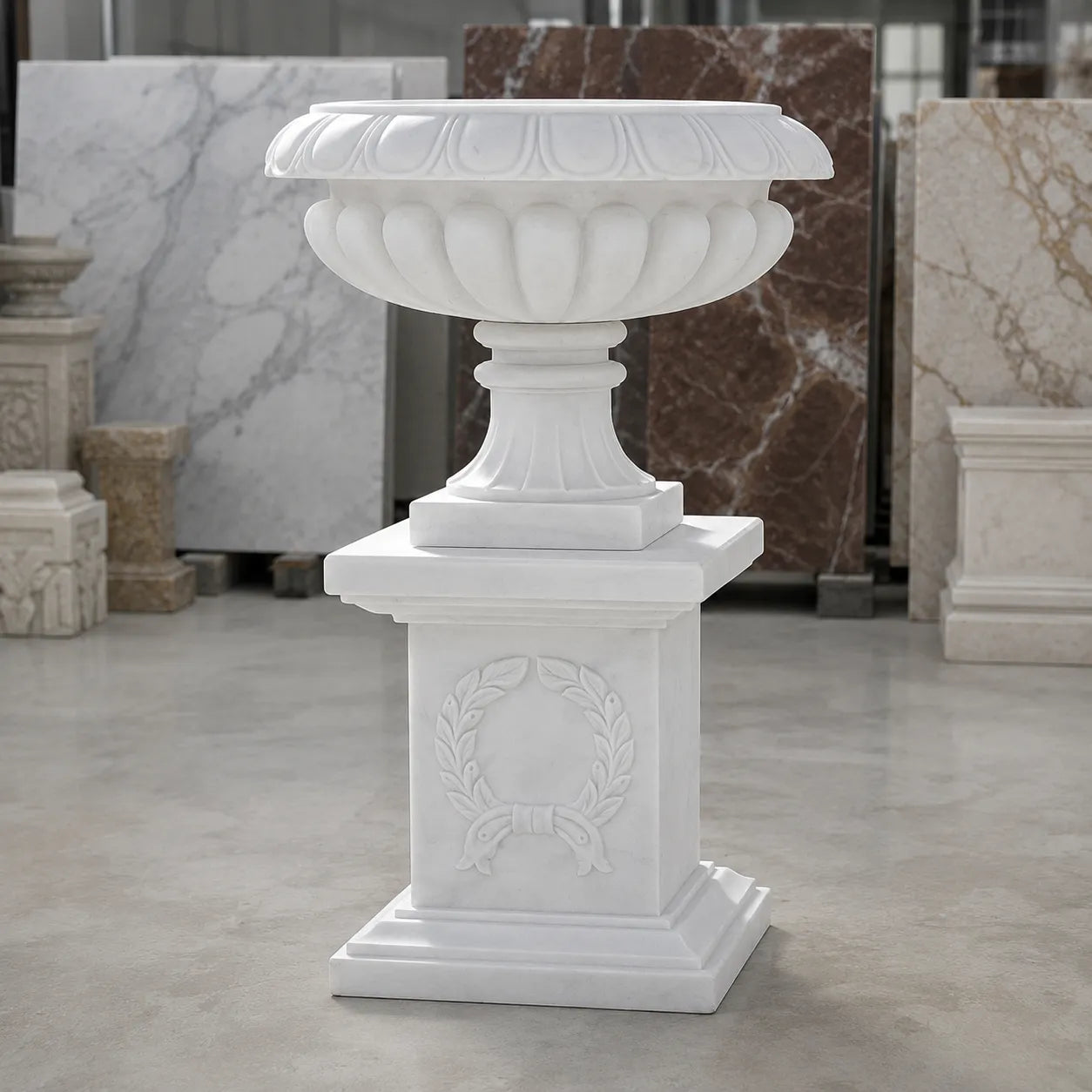 Hand-Carved White Marble Garden Urn with Pedestal