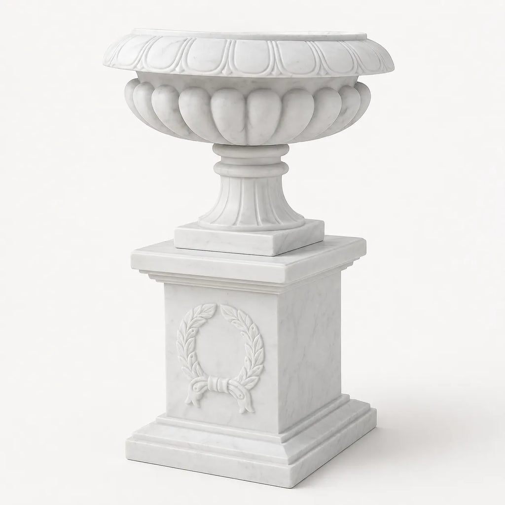 Hand-Carved White Marble Garden Urn with Pedestal