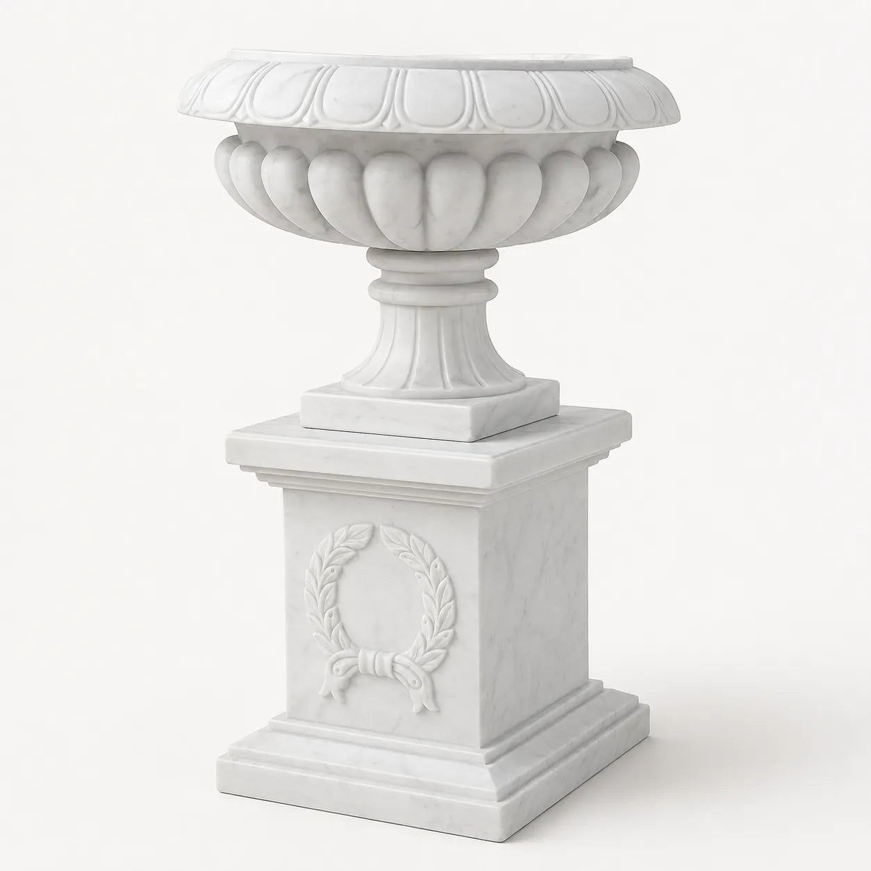 Hand-Carved White Marble Garden Urn with Pedestal