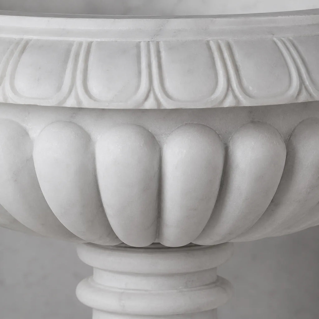 Hand-Carved White Marble Garden Urn with Pedestal
