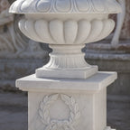 Hand-Carved White Marble Garden Urn with Pedestal
