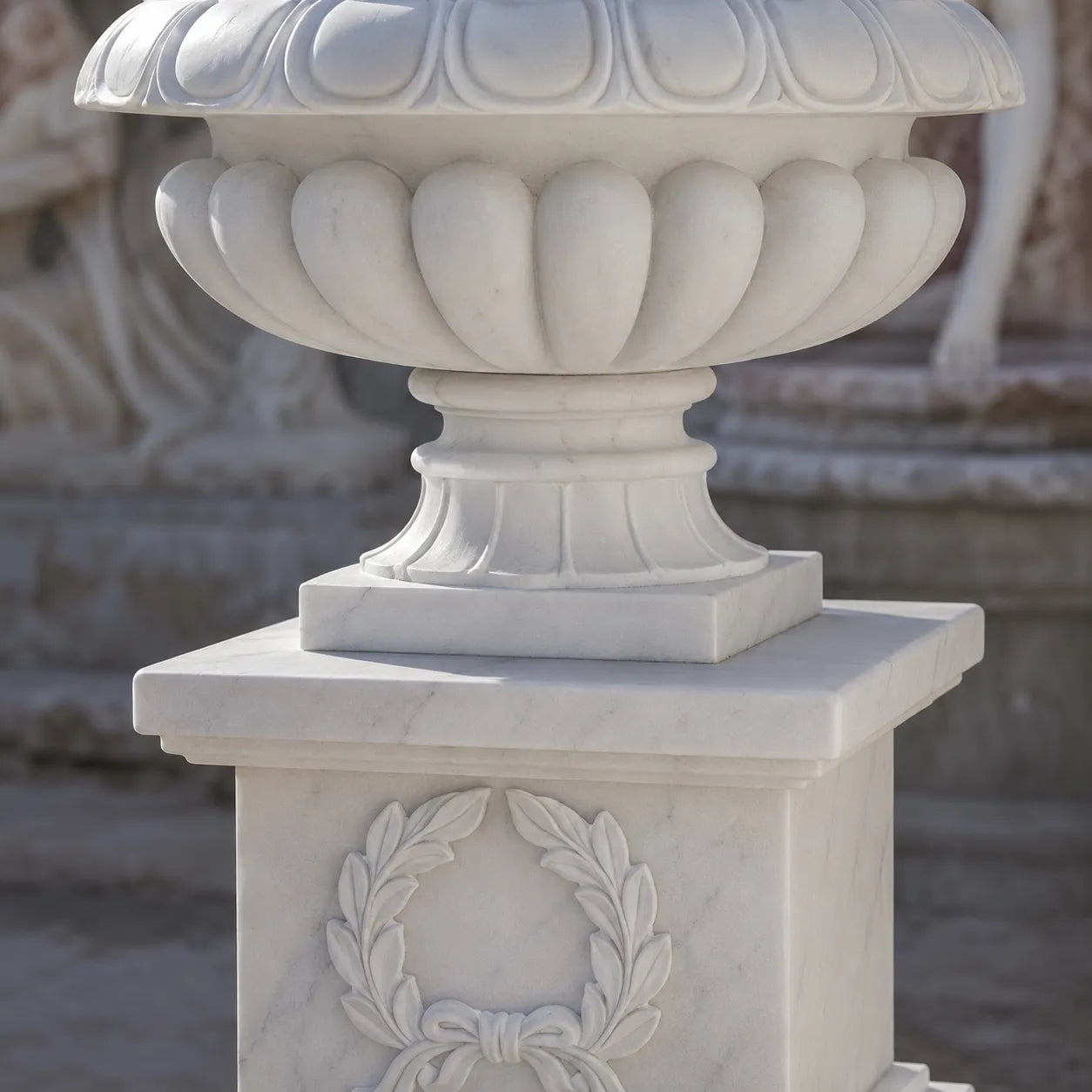 Hand-Carved White Marble Garden Urn with Pedestal