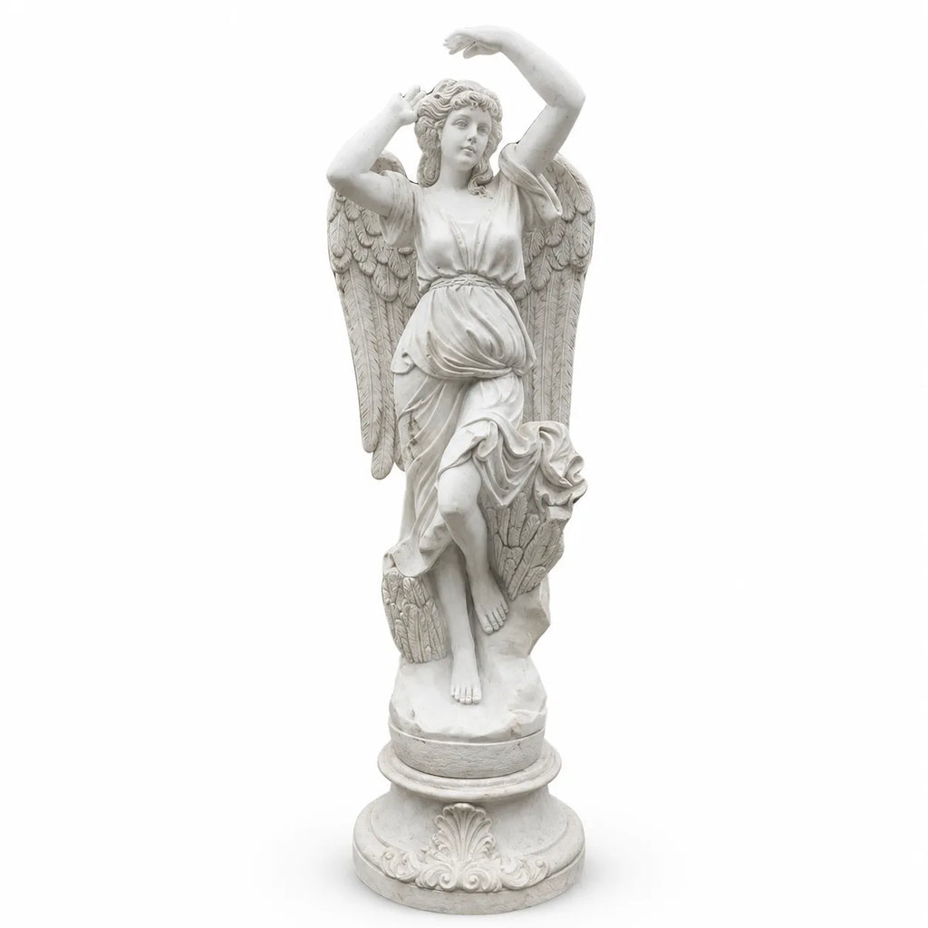 Hand-Carved White Marble Angel Garden Sculpture