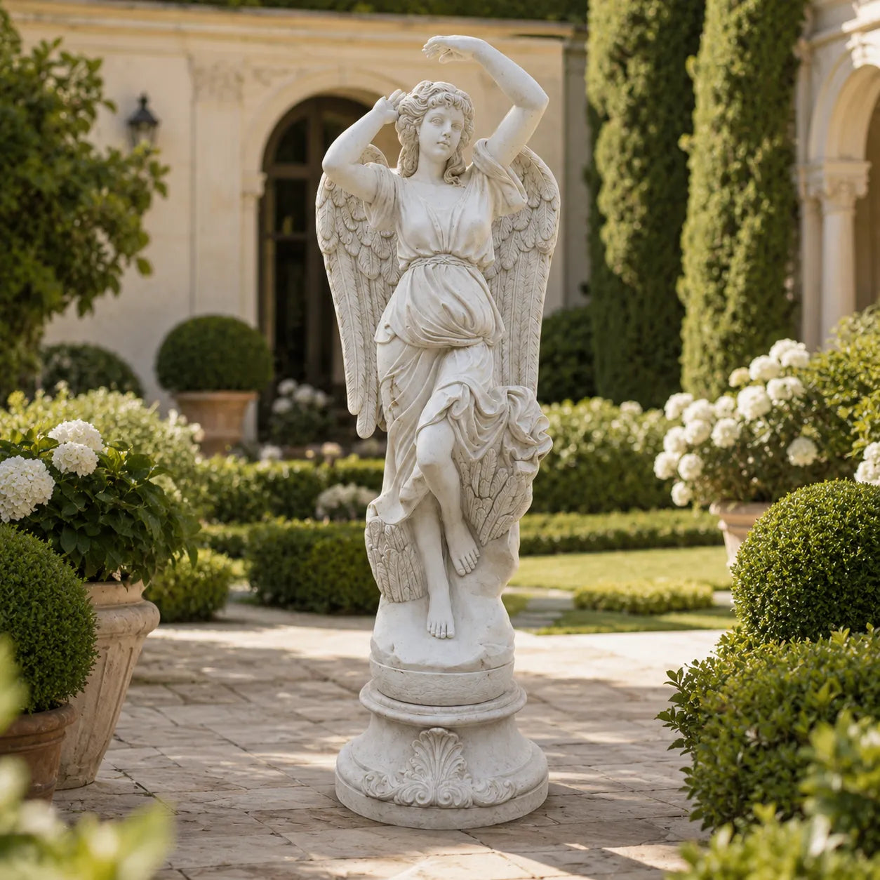 Hand-Carved White Marble Angel Garden Sculpture