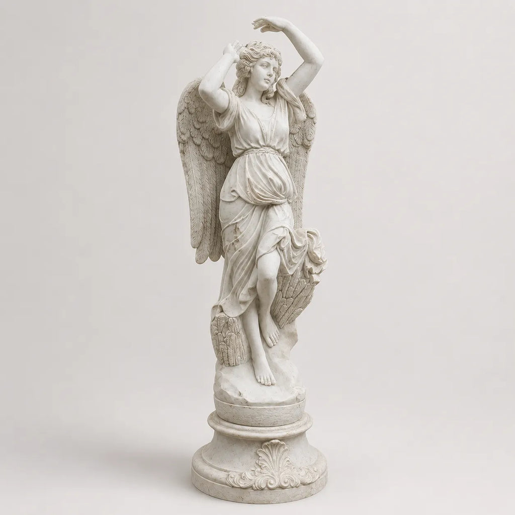Hand-Carved White Marble Angel Garden Sculpture