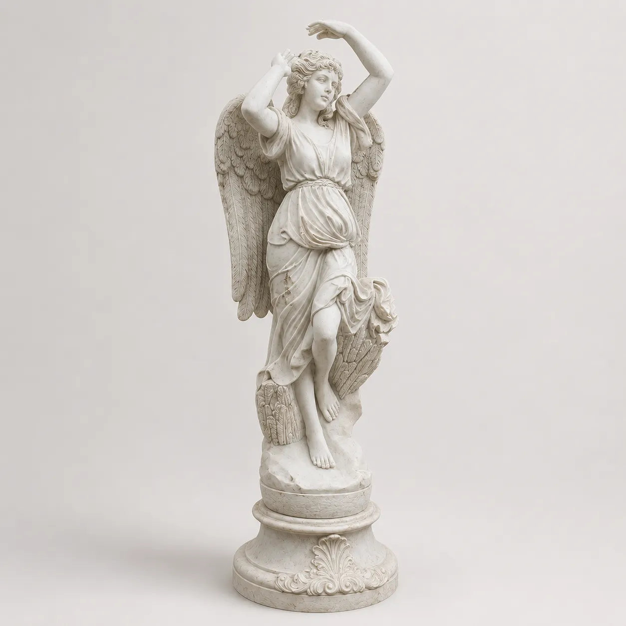Hand-Carved White Marble Angel Garden Sculpture