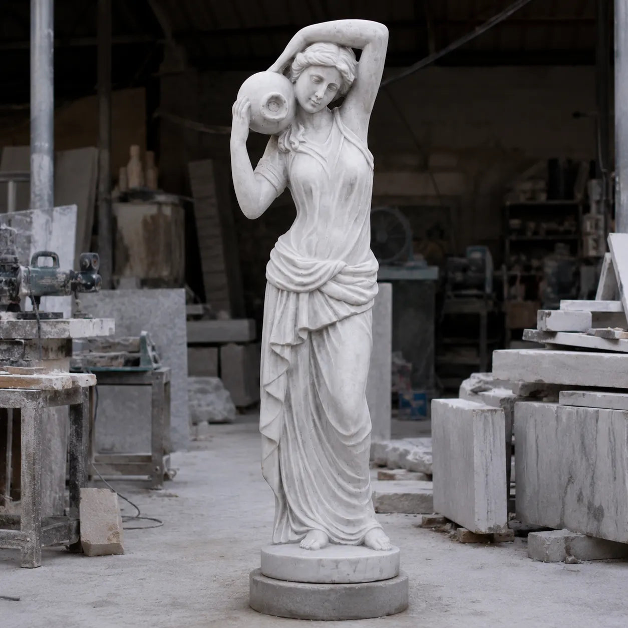 Hand-Carved White Marble Female Garden Sculpture