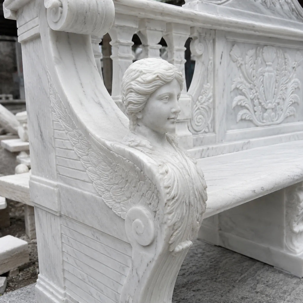 Hand-Carved White Marble Garden Bench