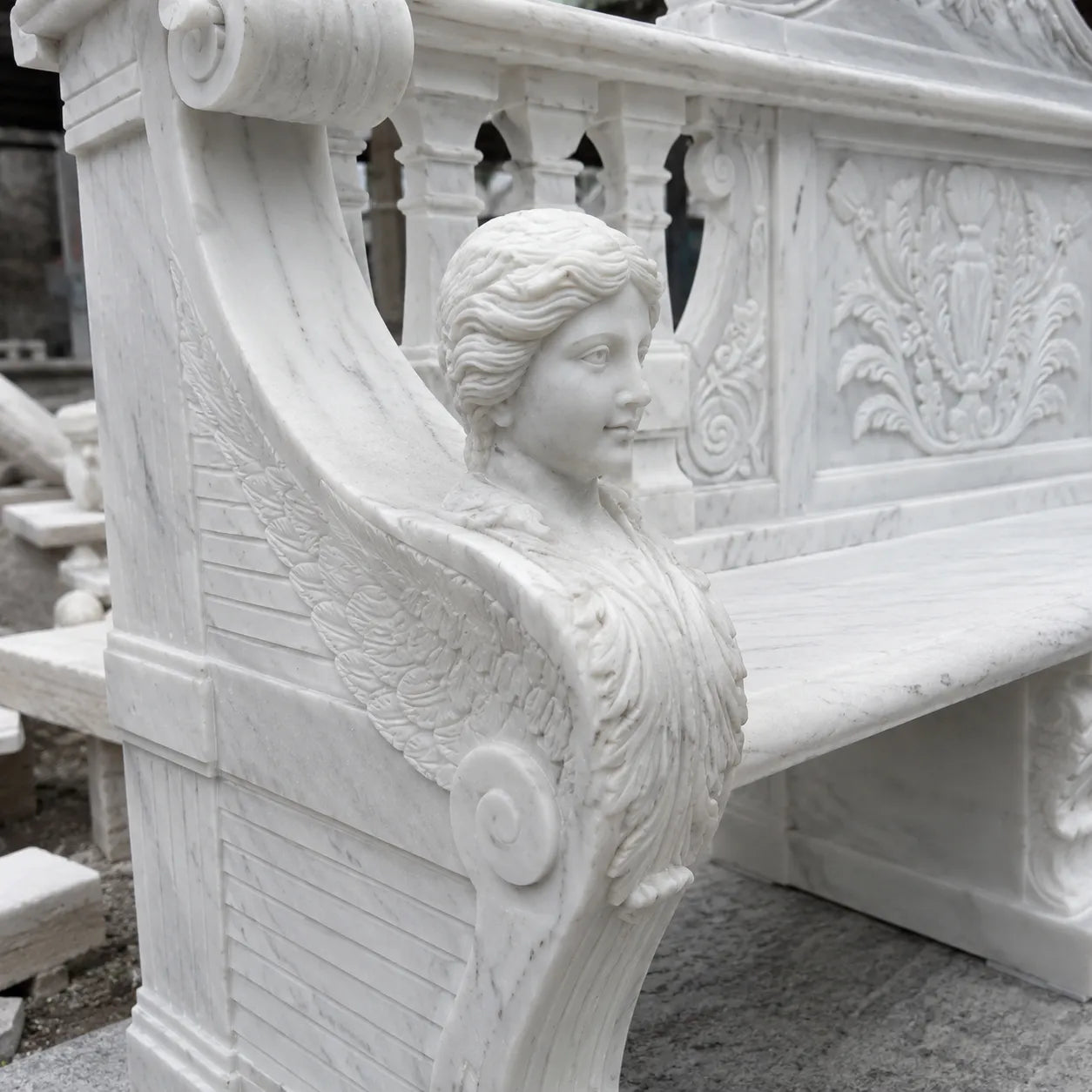 Hand-Carved White Marble Garden Bench