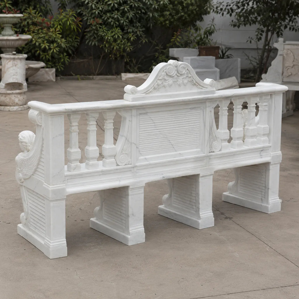 Hand-Carved White Marble Garden Bench