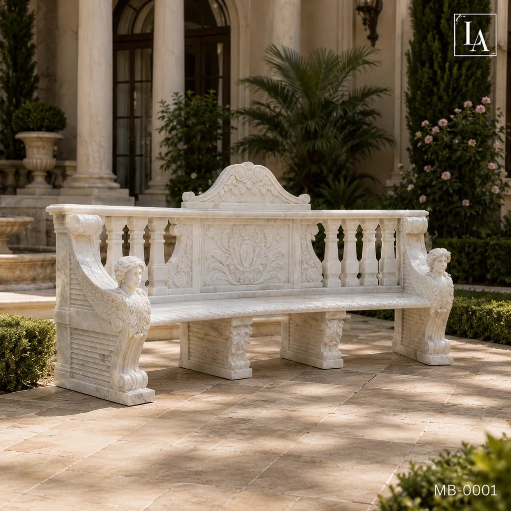 Hand-Carved White Marble Garden Bench