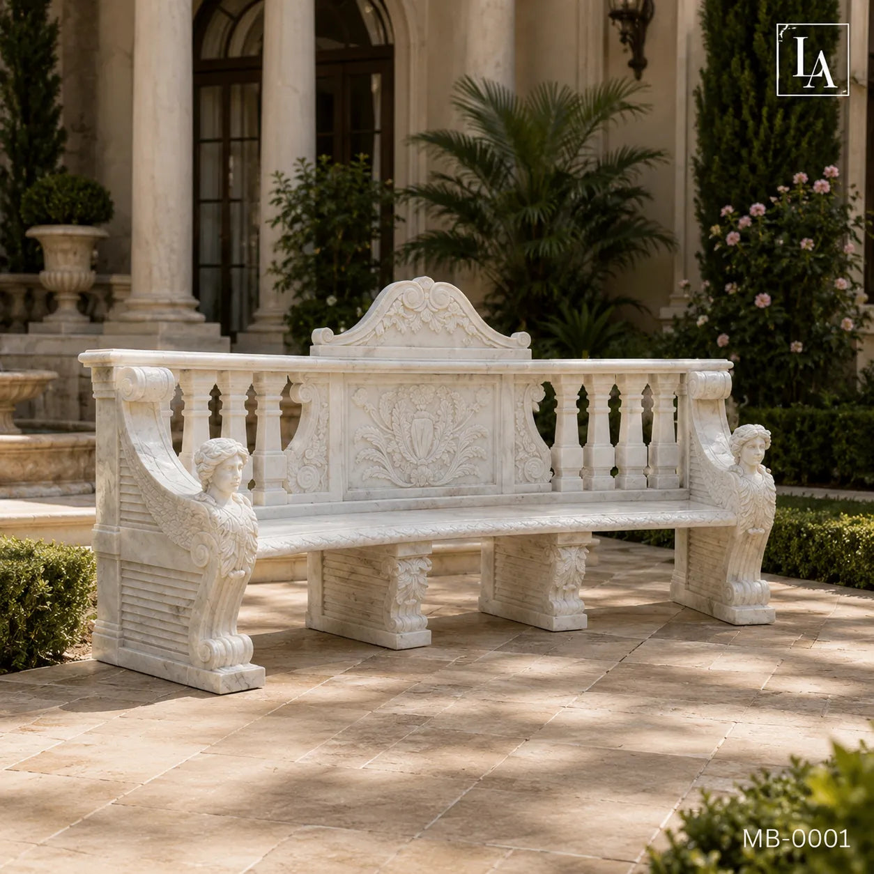 Hand-Carved White Marble Garden Bench
