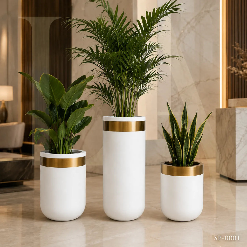 Modern White Stainless Steel Planter Set