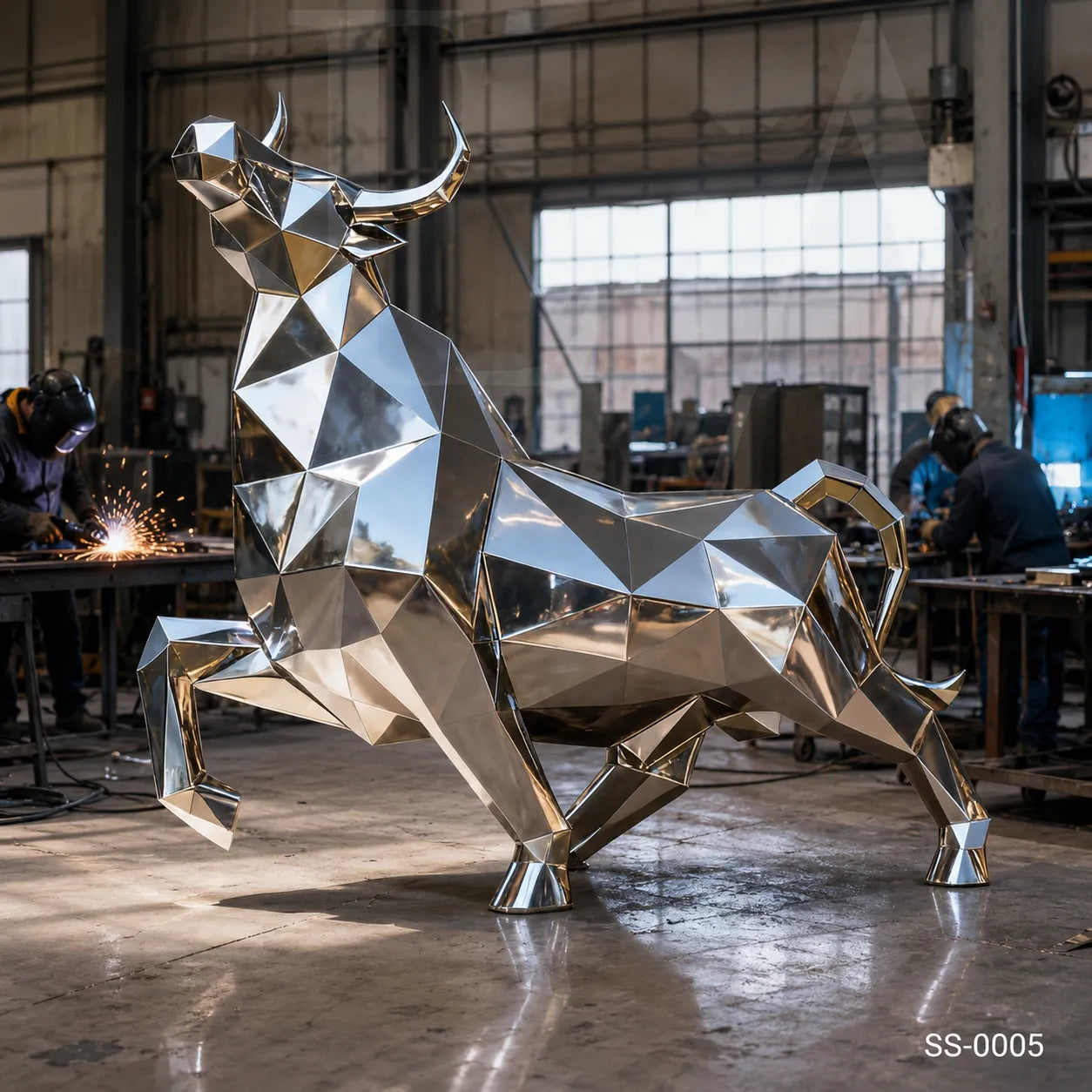 Geometric Stainless Steel Bull Sculpture