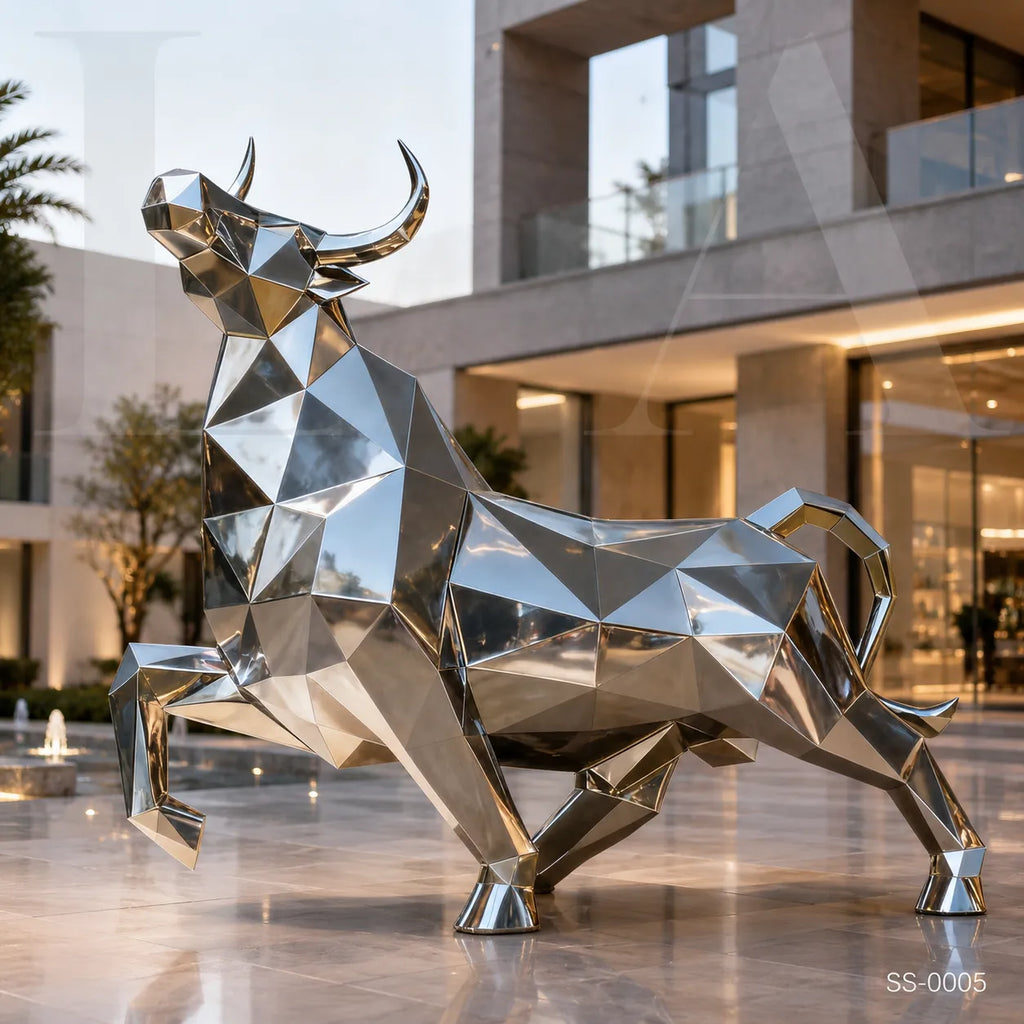 Geometric Stainless Steel Bull Sculpture