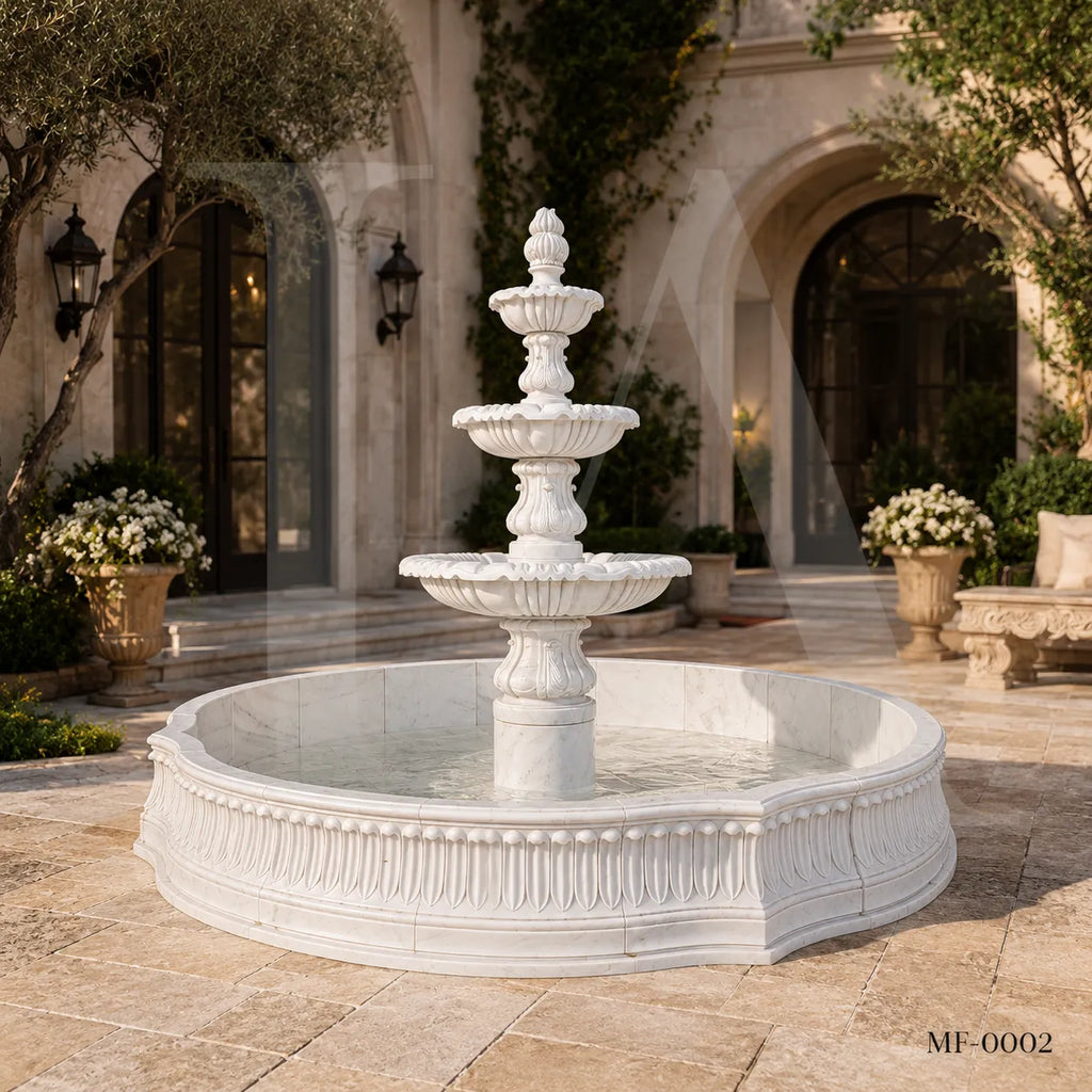 Classical White Marble Tiered Garden Fountain with Basin