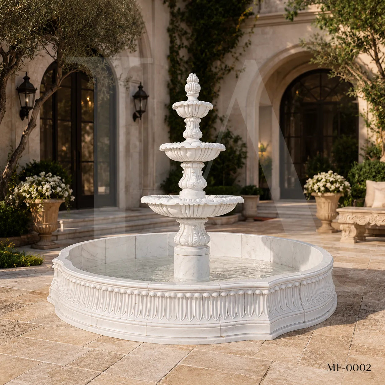 Classical White Marble Tiered Garden Fountain with Basin