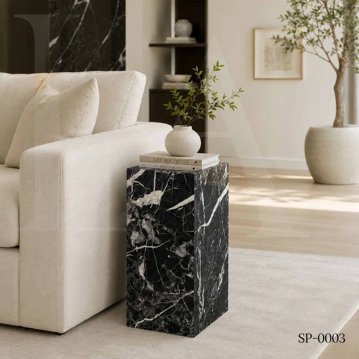 Modern Black Marble Marquina Rectangular Side Table