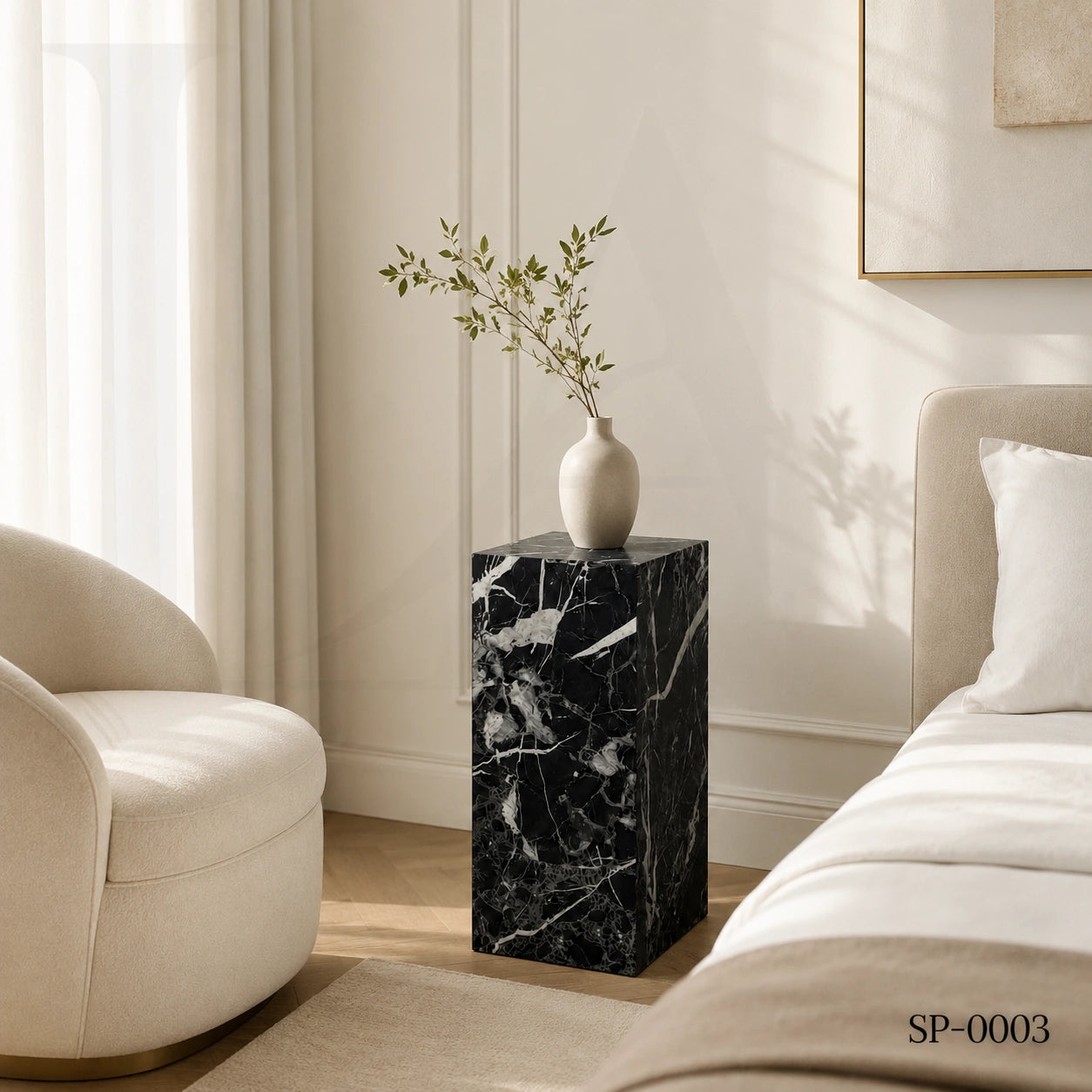 Modern Black Marble Marquina Rectangular Side Table