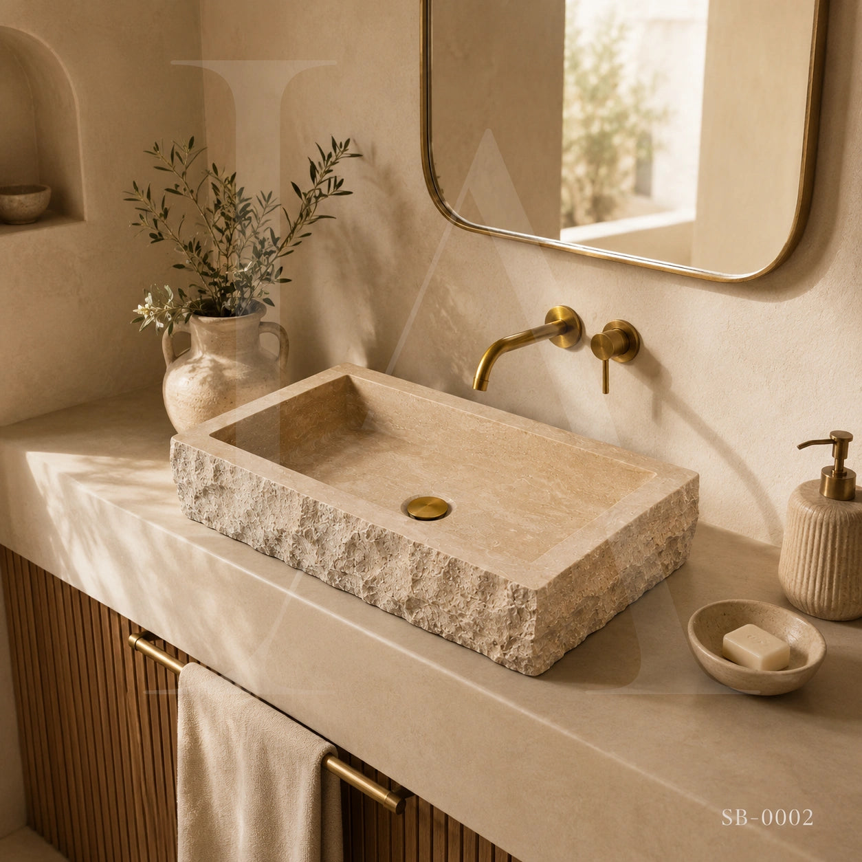 Hand-Carved Natural Travertine Bathroom Sink Basin