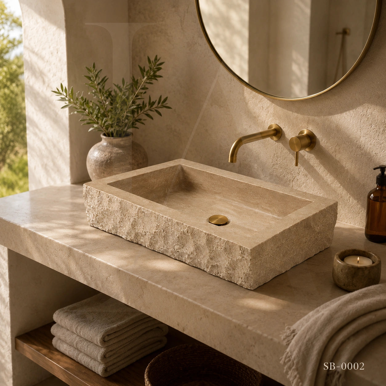 Hand-Carved Natural Travertine Bathroom Sink Basin