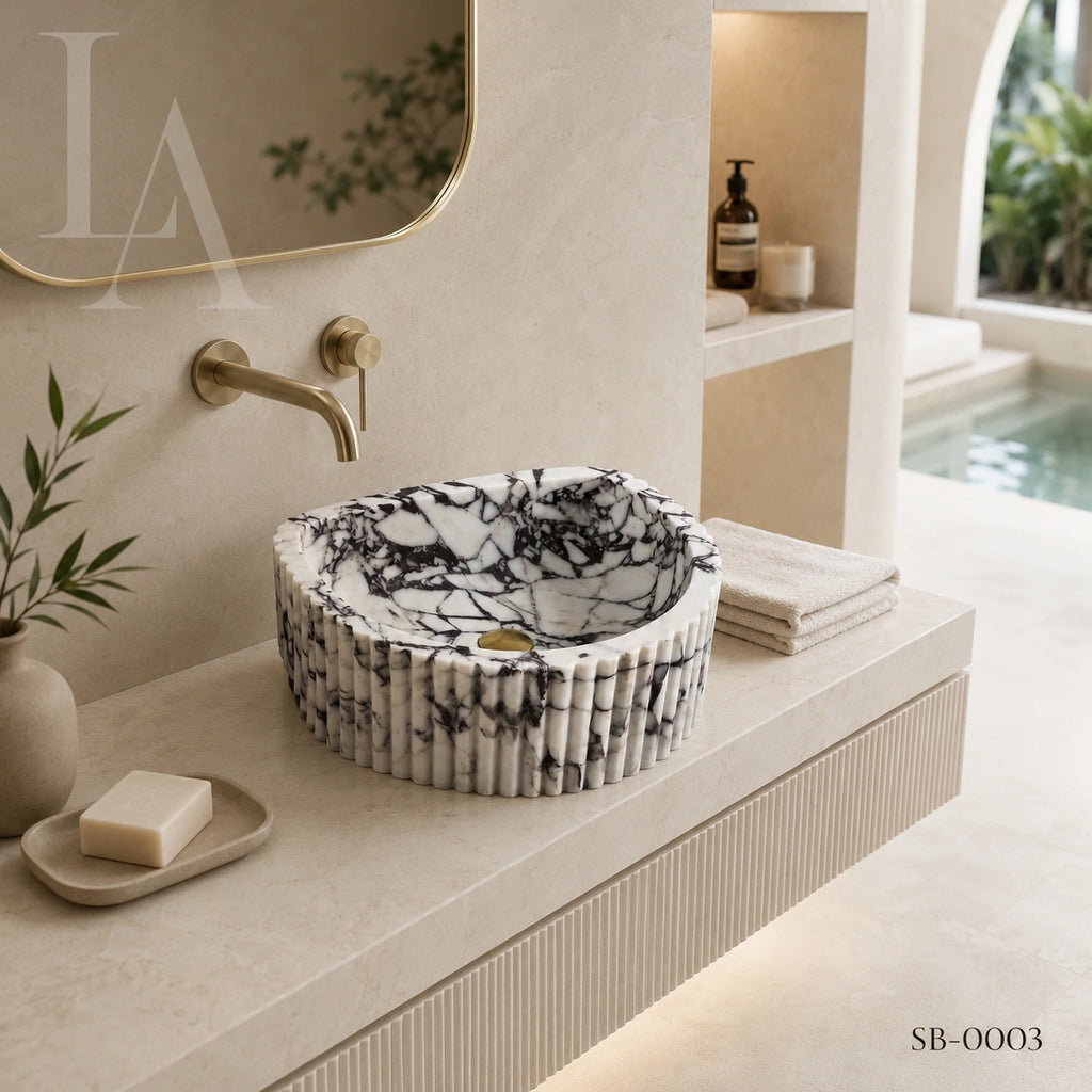 Fluted Carrara Marble Bathroom Sink Basin