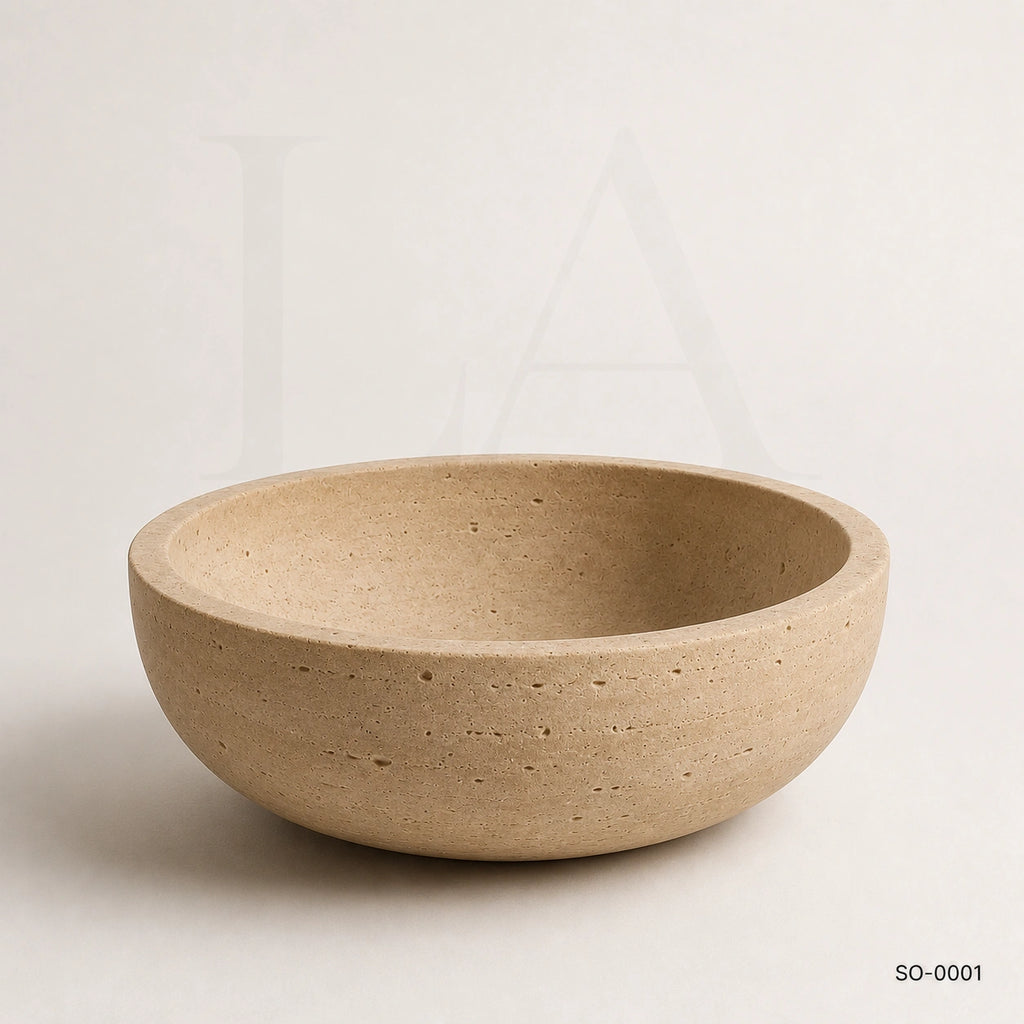 Beige Travertine Bowl, Natural Stone Decorative Centerpiece