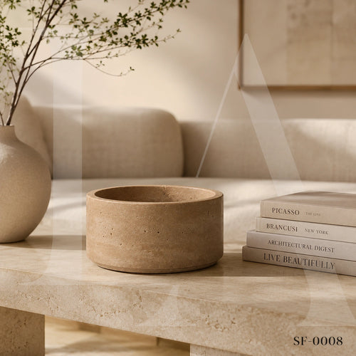 Beige Travertine Round Bowl, Natural Stone Decorative Centerpiece