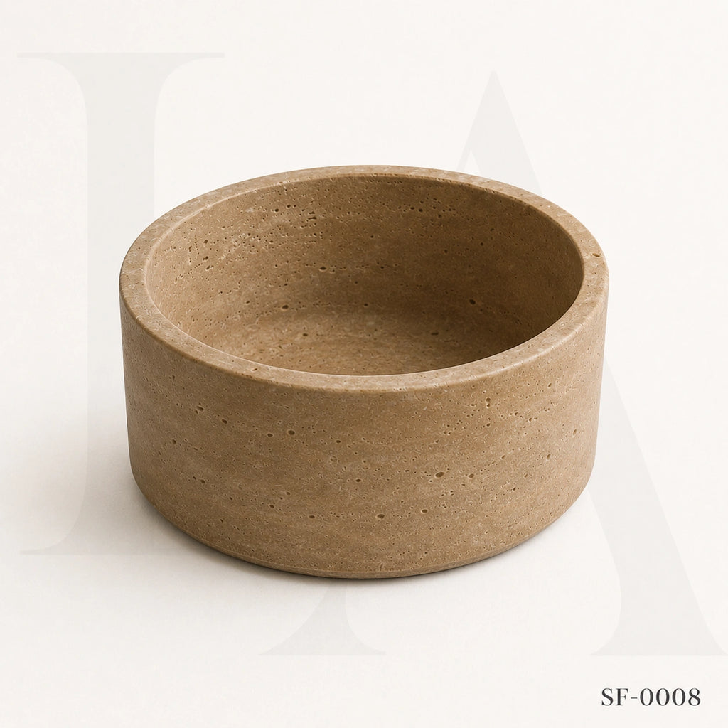 Beige Travertine Round Bowl, Natural Stone Decorative Centerpiece