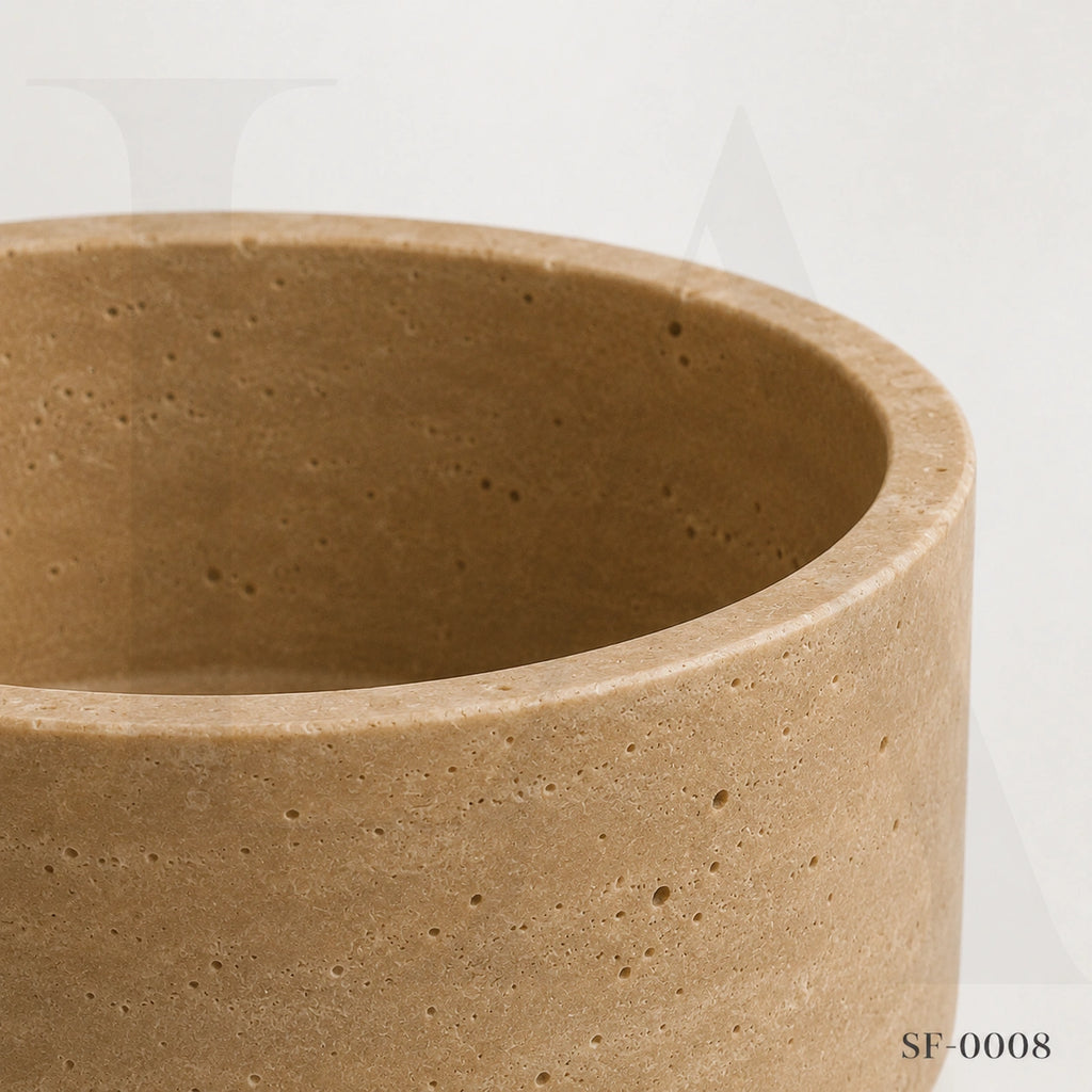 Beige Travertine Round Bowl, Natural Stone Decorative Centerpiece