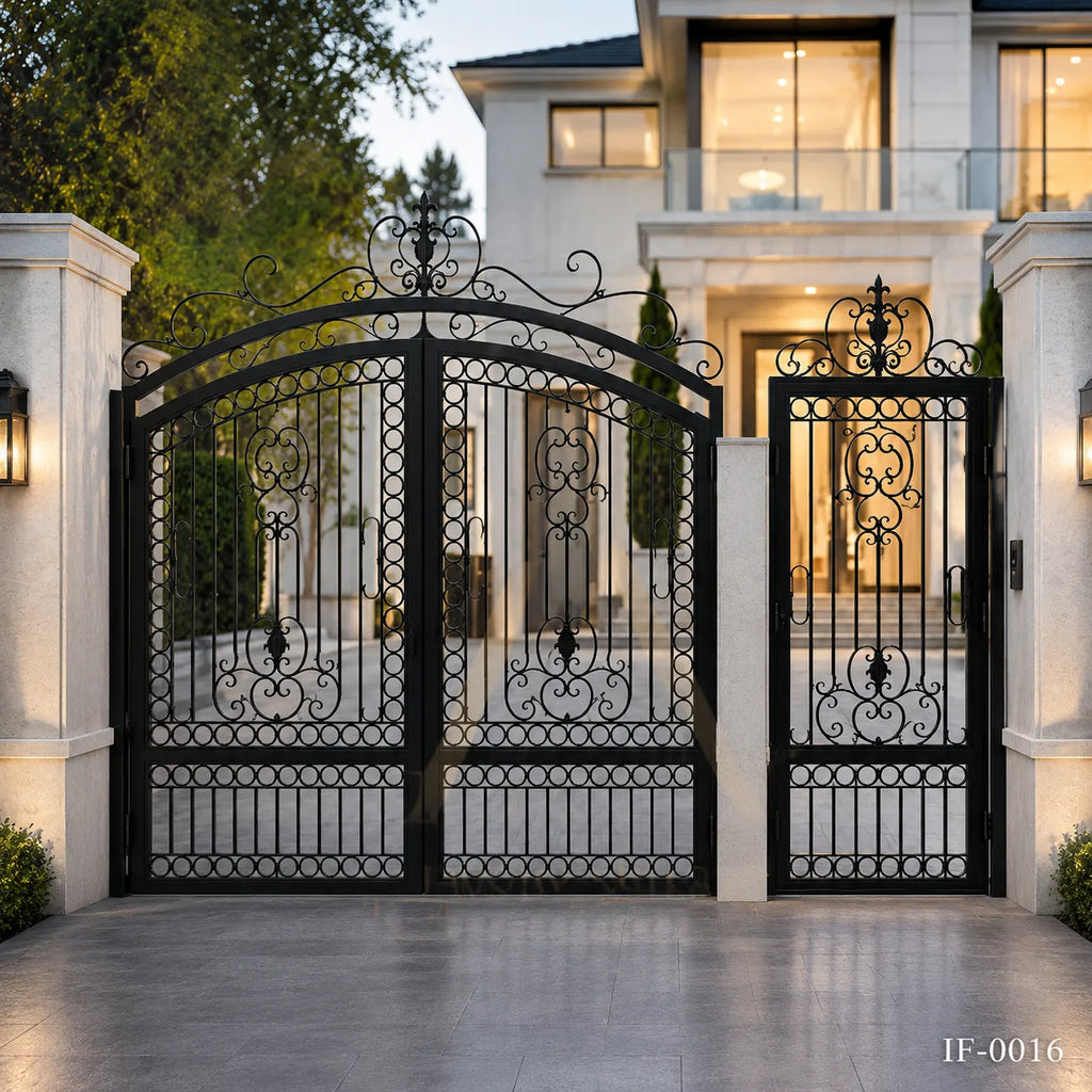 Mediterranean Villa Wrought Iron Driveway Gate with Matching Pedestrian Door