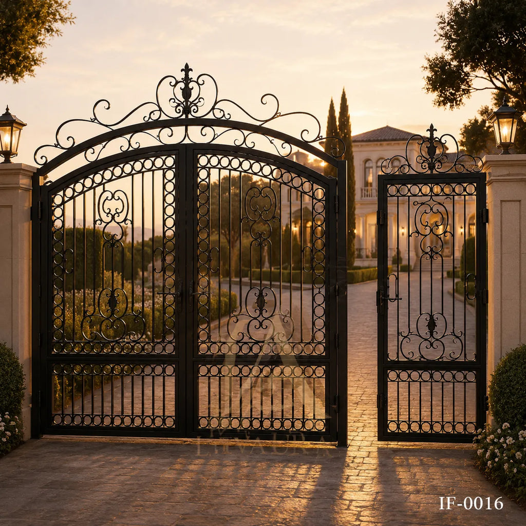 Mediterranean Villa Wrought Iron Driveway Gate with Matching Pedestrian Door