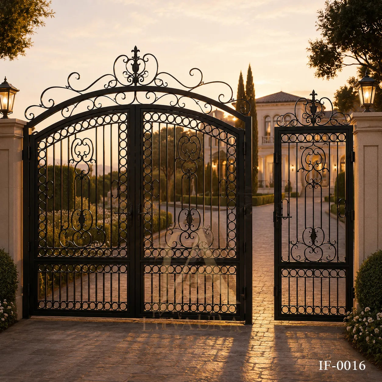 Mediterranean Villa Wrought Iron Driveway Gate with Matching Pedestrian Door