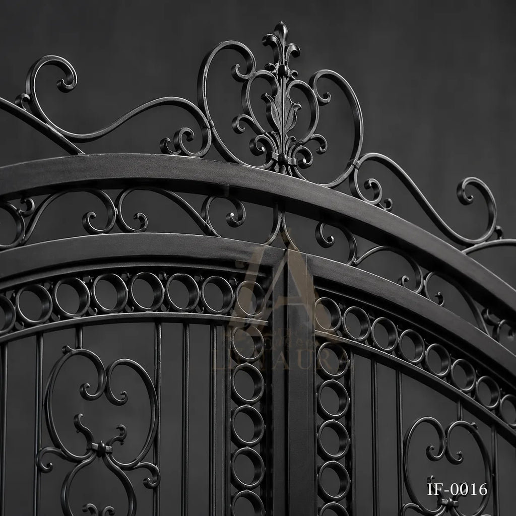 Mediterranean Villa Wrought Iron Driveway Gate with Matching Pedestrian Door