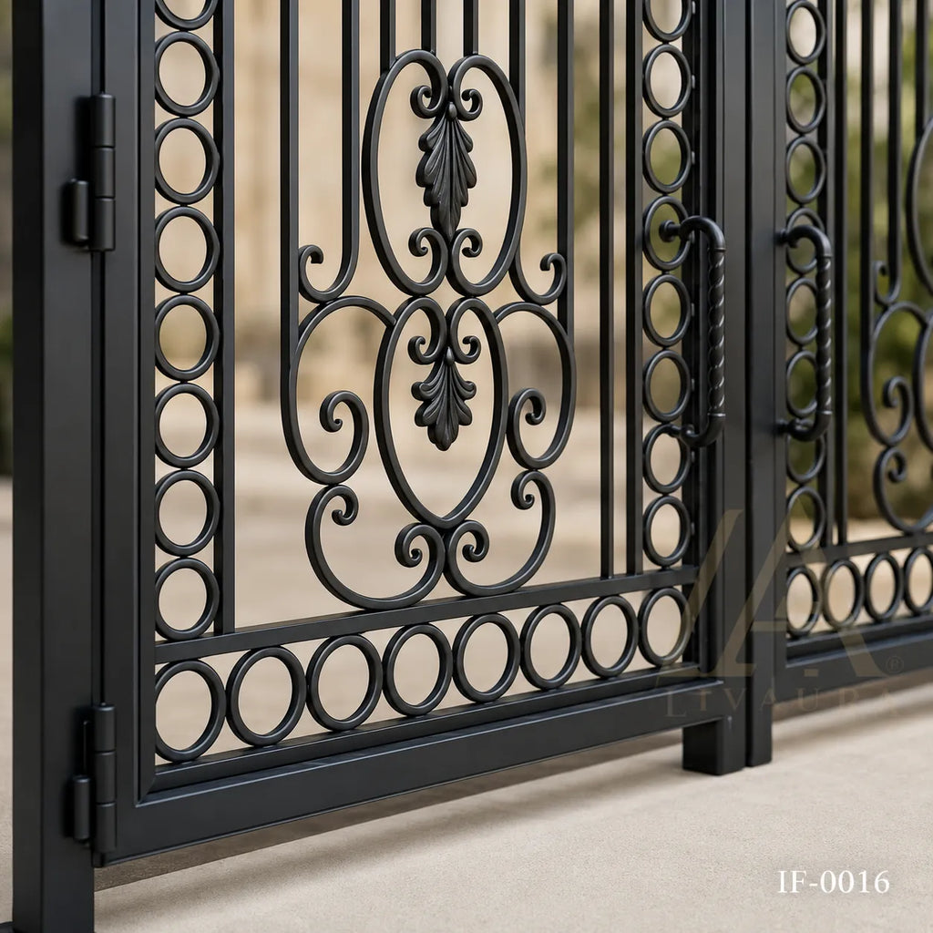 Mediterranean Villa Wrought Iron Driveway Gate with Matching Pedestrian Door