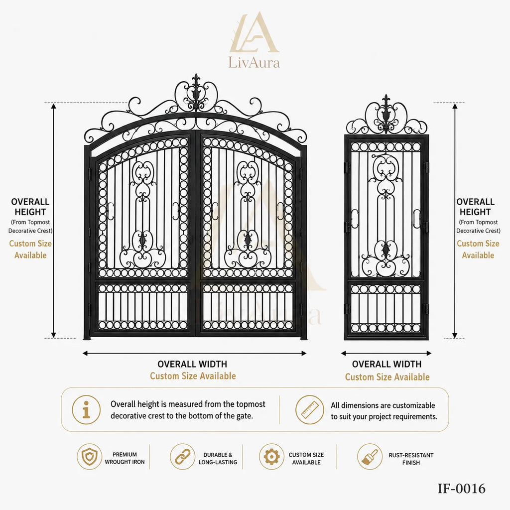 Mediterranean Villa Wrought Iron Driveway Gate with Matching Pedestrian Door