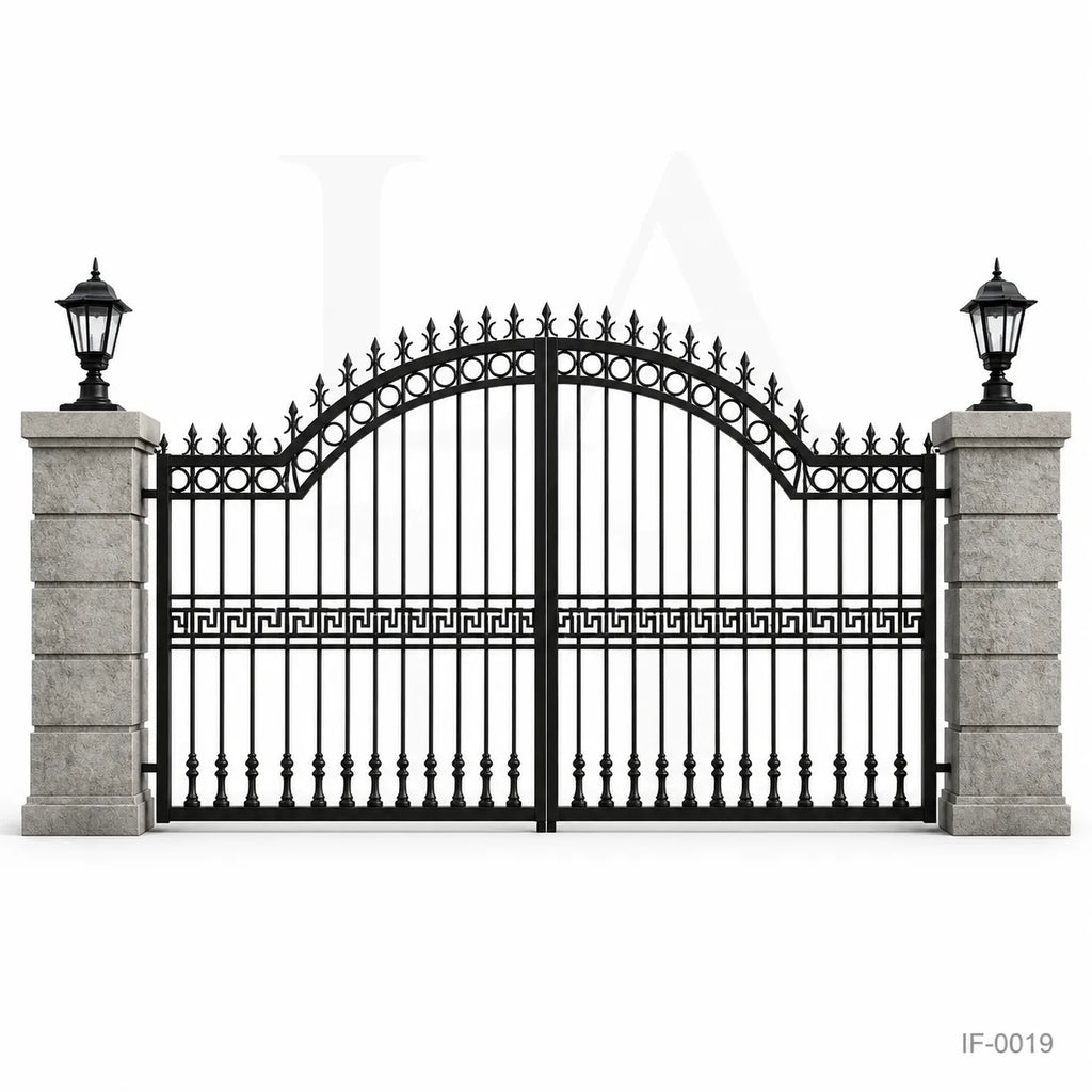 Neo-Classical Wrought Iron Driveway Gate with Greek Key Accents