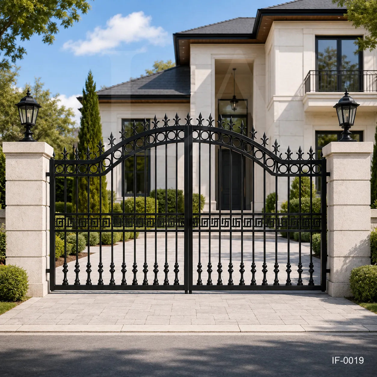 Neo-Classical Wrought Iron Driveway Gate with Greek Key Accents
