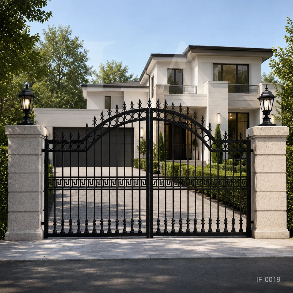 Neo-Classical Wrought Iron Driveway Gate with Greek Key Accents