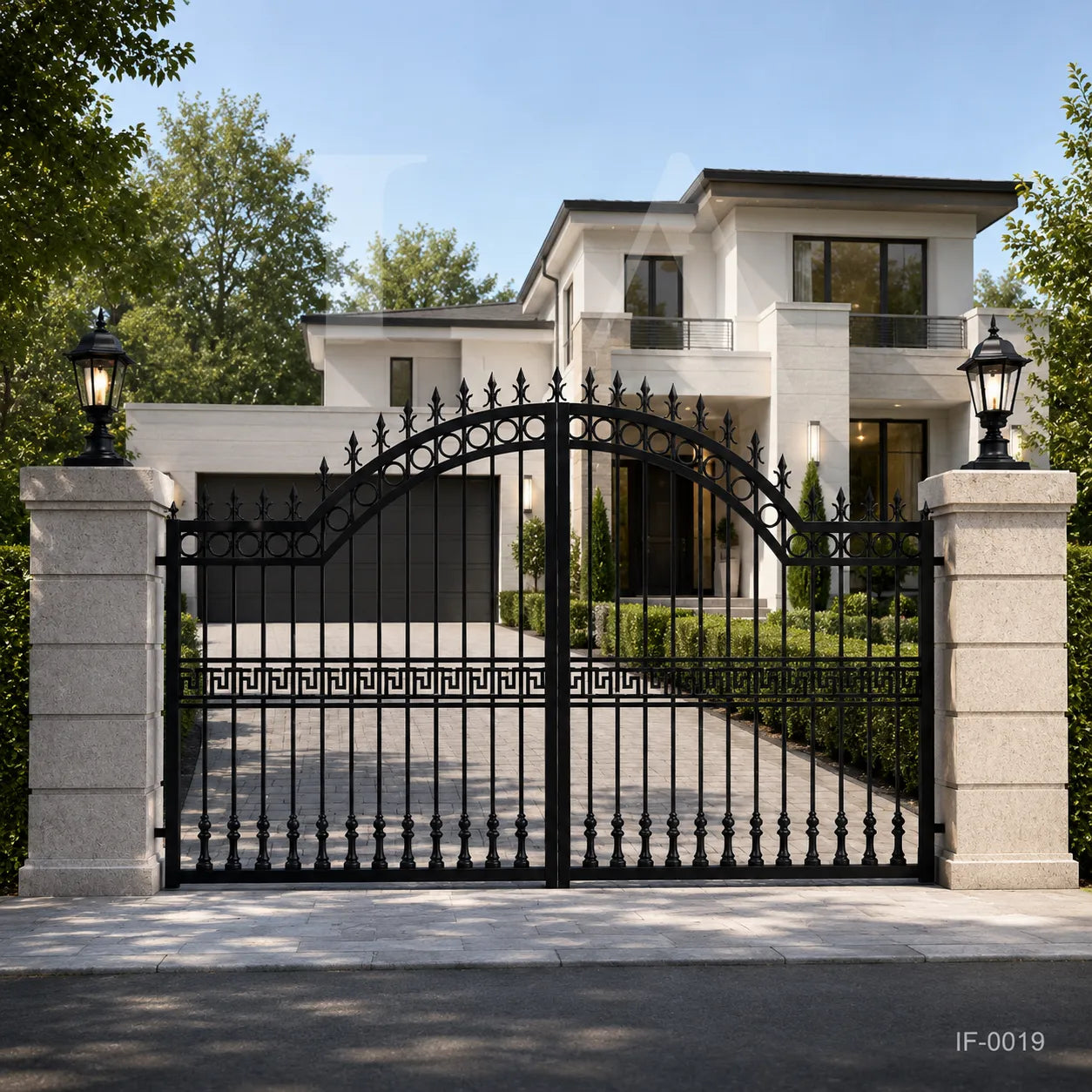 Neo-Classical Wrought Iron Driveway Gate with Greek Key Accents