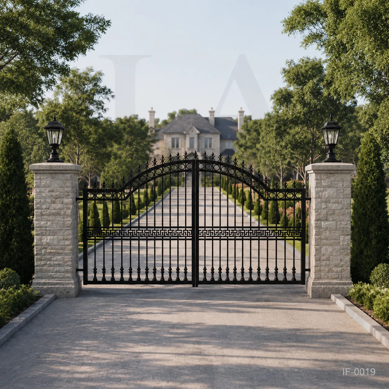 Neo-Classical Wrought Iron Driveway Gate with Greek Key Accents