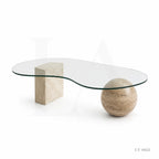 Organic Glass Coffee Table with Travertine Sphere & Stone Pedestal Base