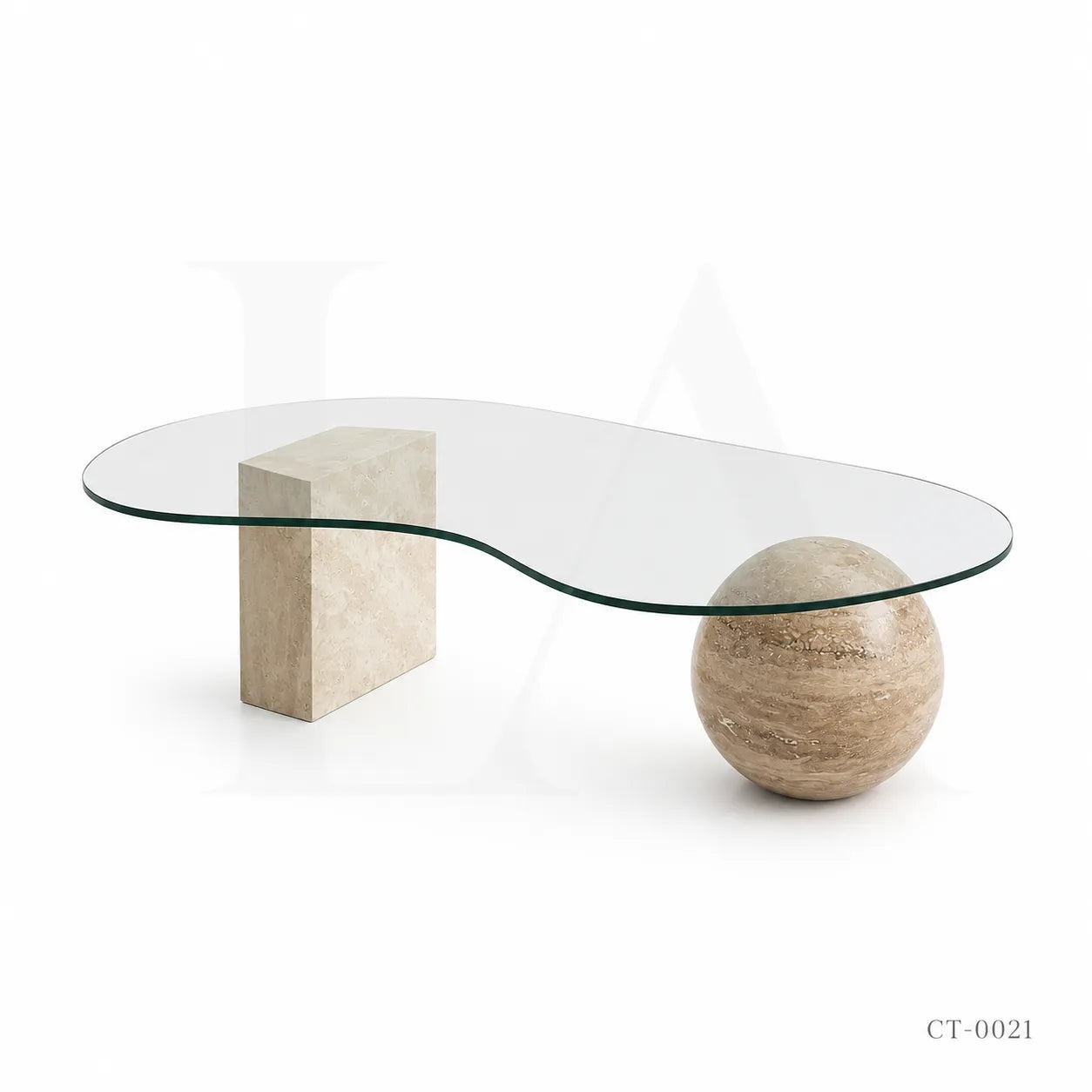 Organic Glass Coffee Table with Travertine Sphere & Stone Pedestal Base
