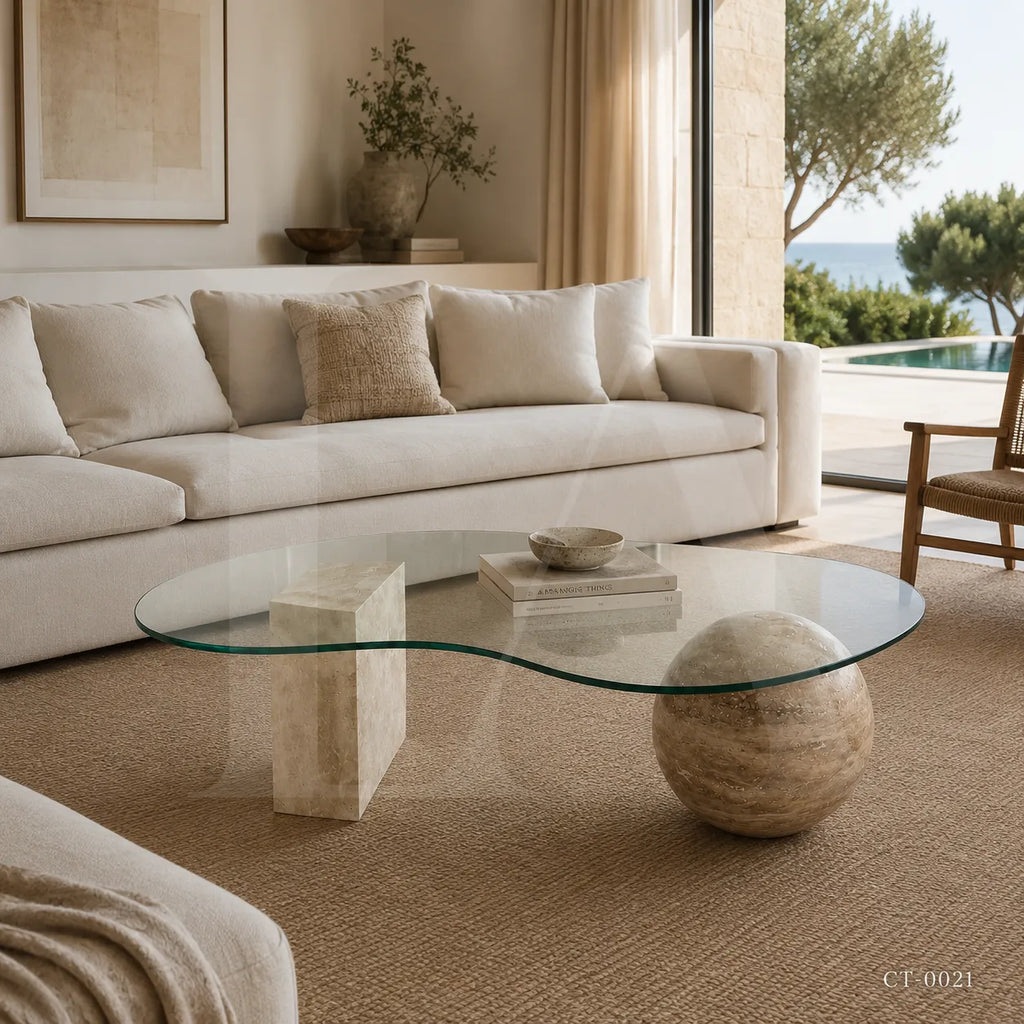 Organic Glass Coffee Table with Travertine Sphere & Stone Pedestal Base