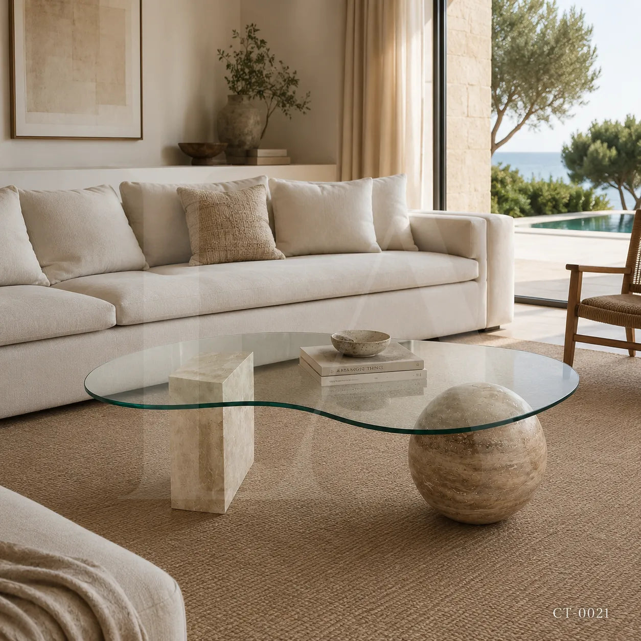 Organic Glass Coffee Table with Travertine Sphere & Stone Pedestal Base