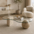 Organic Glass Coffee Table with Travertine Sphere & Stone Pedestal Base
