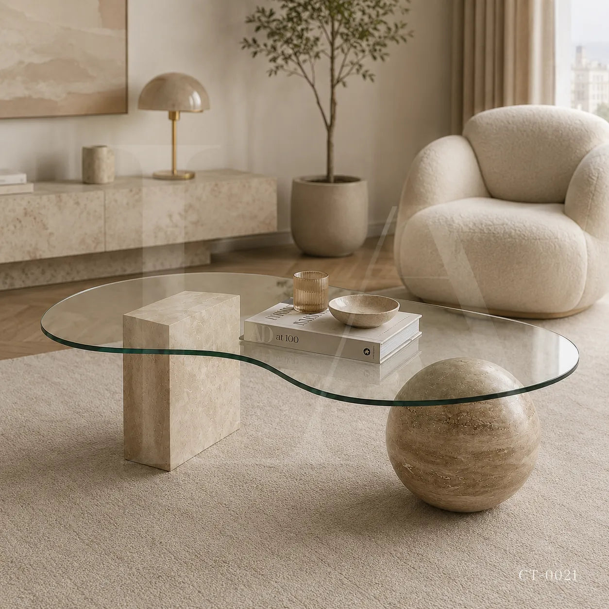 Organic Glass Coffee Table with Travertine Sphere & Stone Pedestal Base