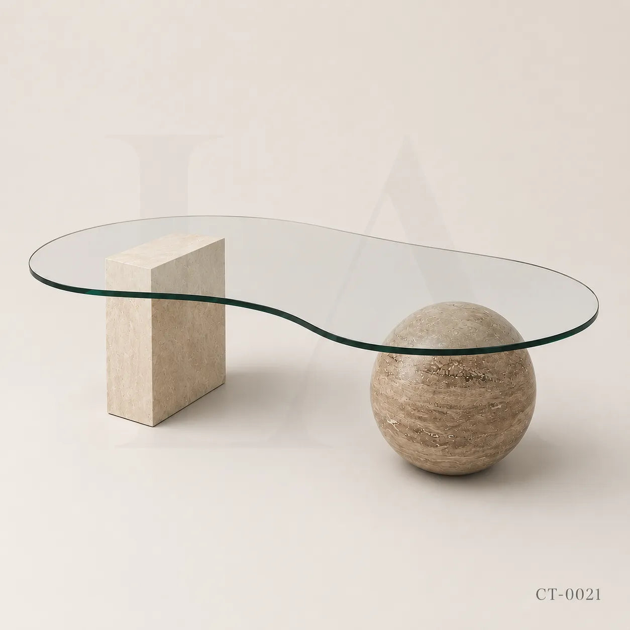 Organic Glass Coffee Table with Travertine Sphere & Stone Pedestal Base