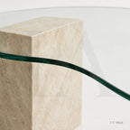 Organic Glass Coffee Table with Travertine Sphere & Stone Pedestal Base