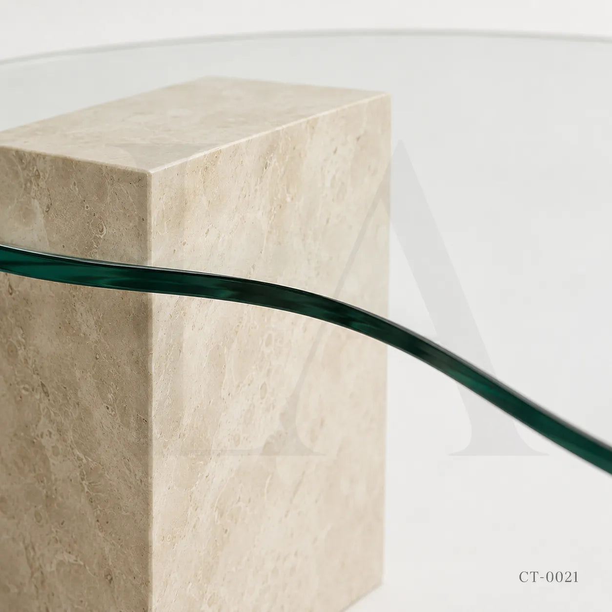 Organic Glass Coffee Table with Travertine Sphere & Stone Pedestal Base